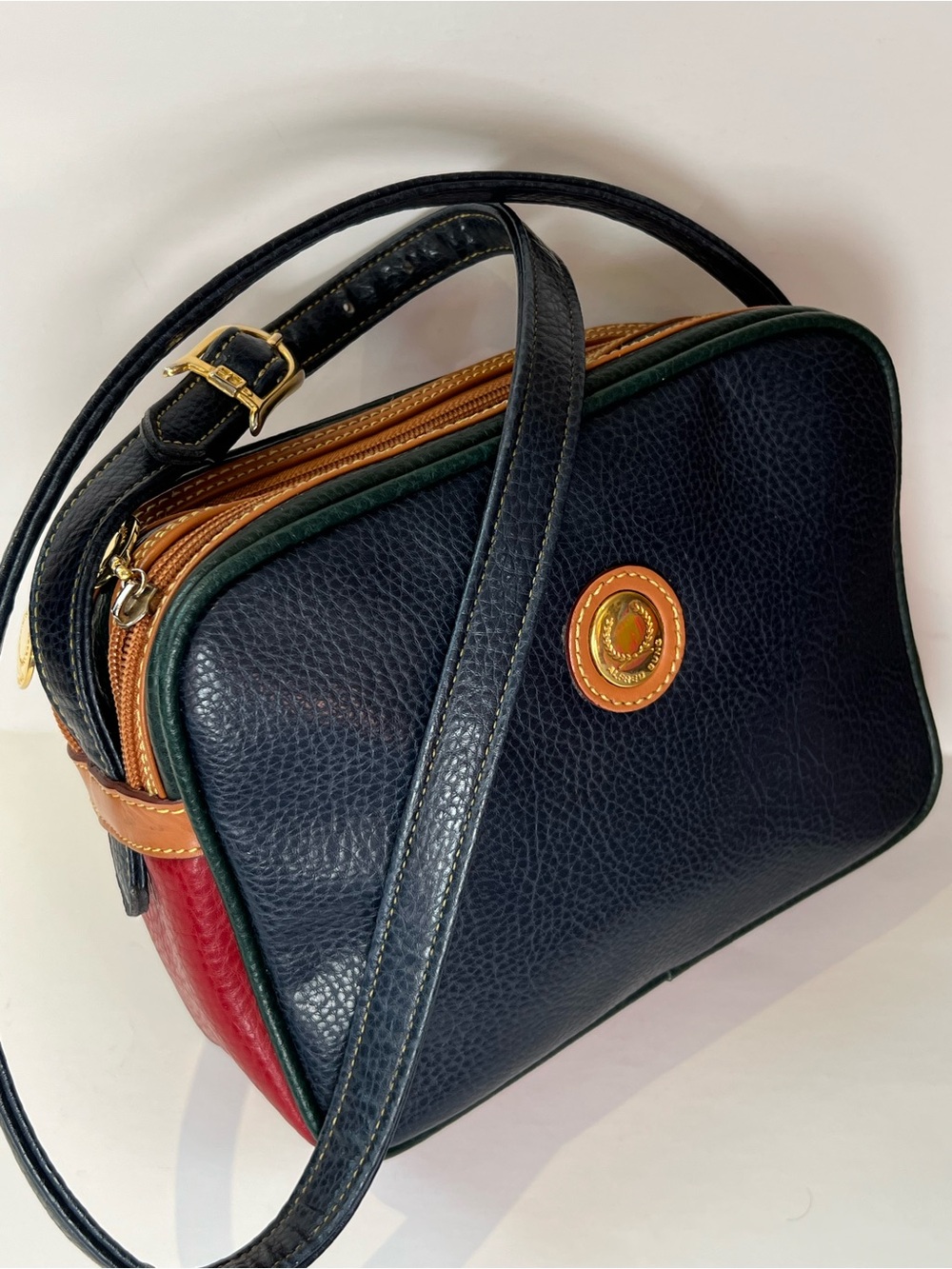 ALFRED SUNG Navy, Red,Green Vinyl Crossbody Bag w Tan Leather Accents
